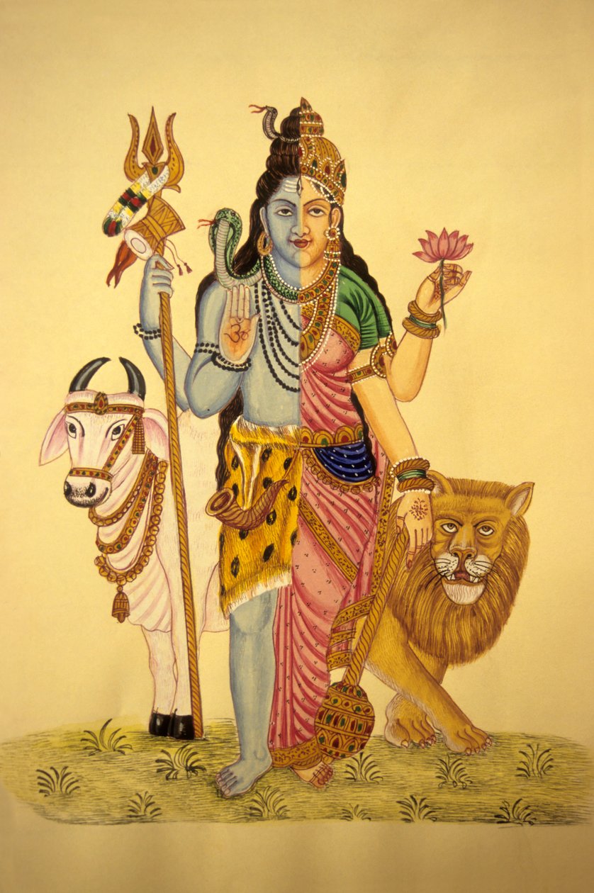 God Shiva i Ardnarees Wear Roop, miniatyrmaleri på papir av School Indian