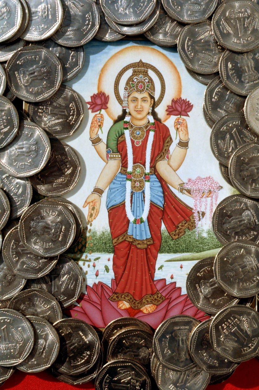 Mynter av gudinnen Lakshmi og én rupier av School Indian