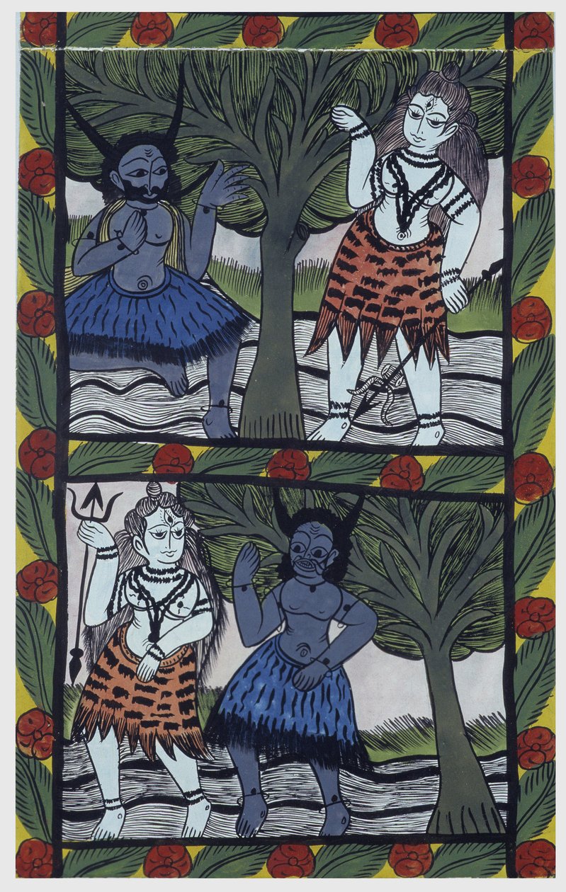 Kama, begjærets gud, sender en kjærlighetspil til Shiva i meditasjon, for å forene seg med Parvati. Pat: malt rull fra Bengal-regionen, som fungerer som et narrativt medium for sangerne Baoul (Baul). Leonard de Selva privat samling. av School Indian