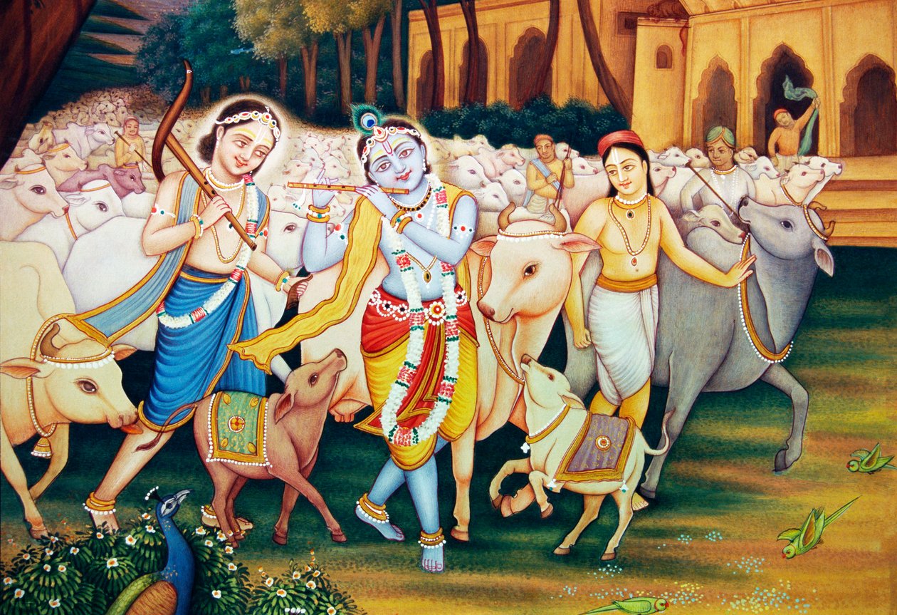 Krishna og Balram med Gopal miniatyrmaleri av School Indian