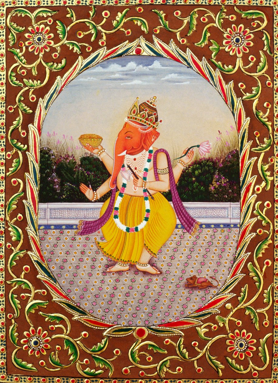Lord Ganesha Ganpati miniatyrmaleri på papir med broderi av School Indian