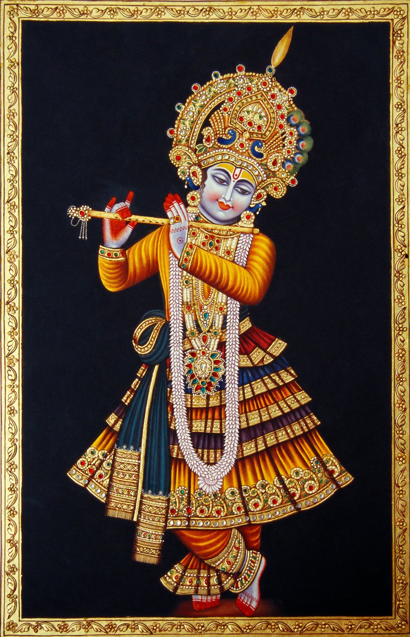 Lord Krishna spiller fløyte-miniatyrmaleri på papir av School Indian