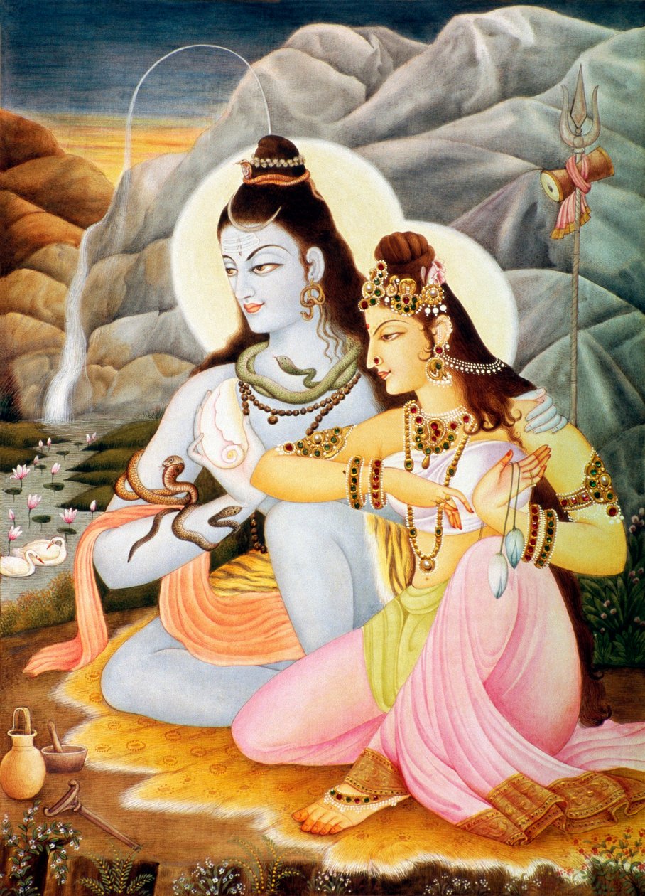 Lord Shiva Shanker Parvati miniatyrmaleri på papir av School Indian