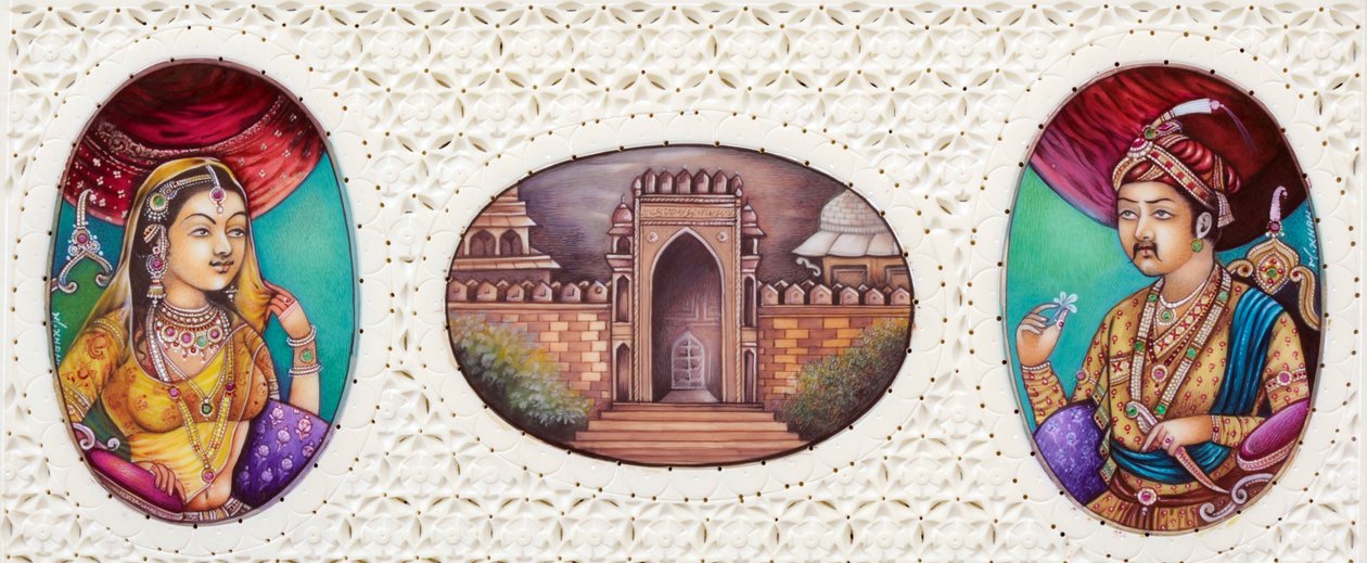 Miniatyrmaleri av Mughal-keiseren Akbar med kona Jodha Bai av School Indian