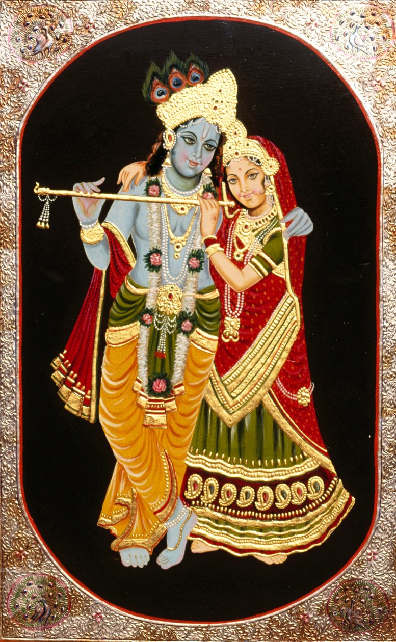 Maleri av Gud Krishna og hennes største hengivne Radha, India av School Indian