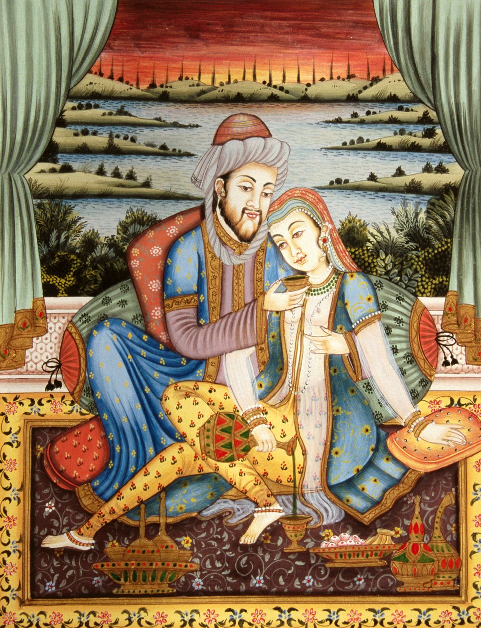 Maleri av Mughal Emperor with his Wife in Love Scene, India av School Indian