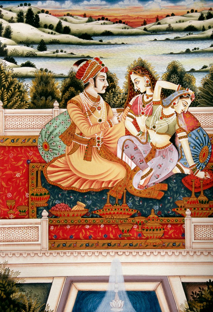Maleri av Mughal Emperor with his Wives in Love Scene, India av School Indian