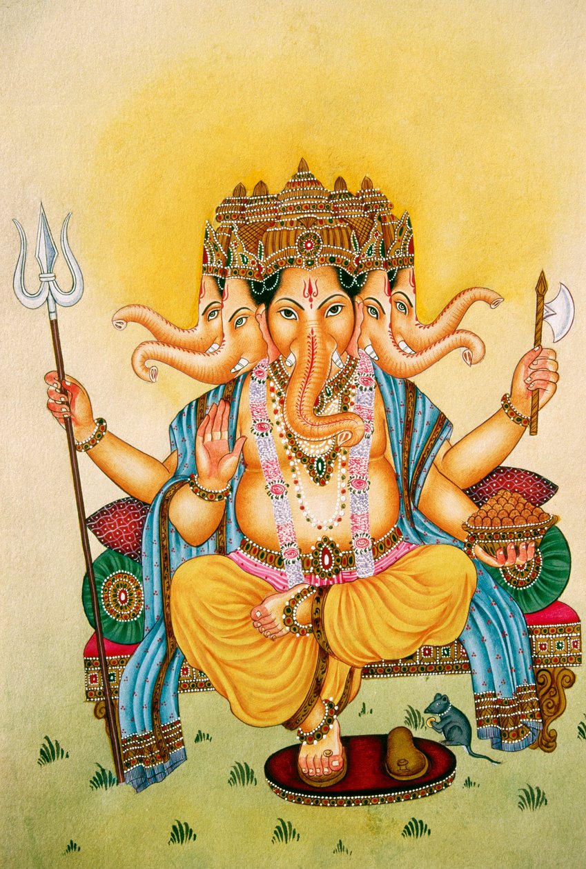 Panchmukhi Lord Ganesh Ganpati miniatyrmaleri på papir av School Indian