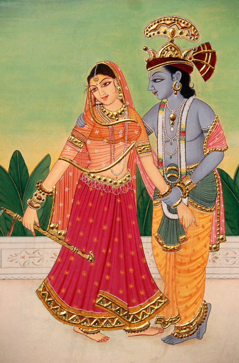 Radha Krishna miniatyrmaleri på papir av School Indian