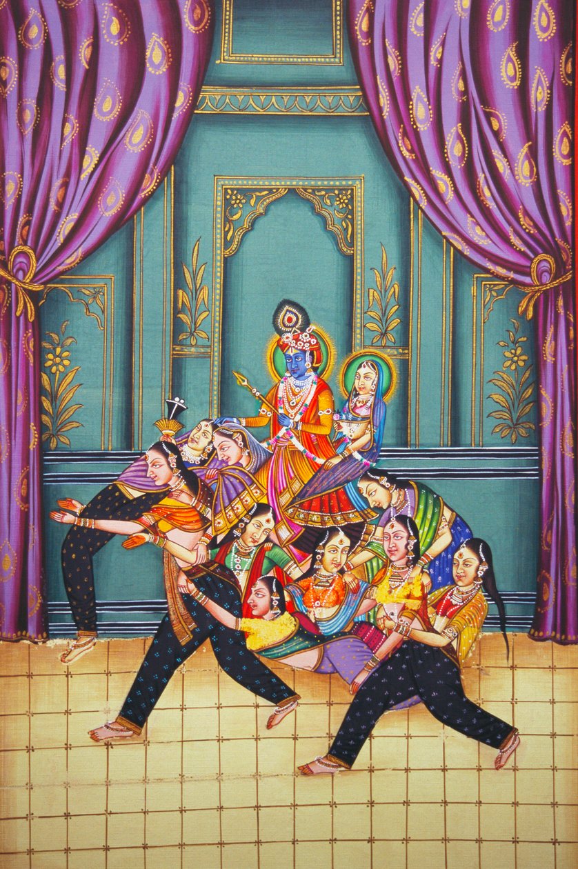 Radha Krishna med Sakhis miniatyrmaleri på papir av School Indian