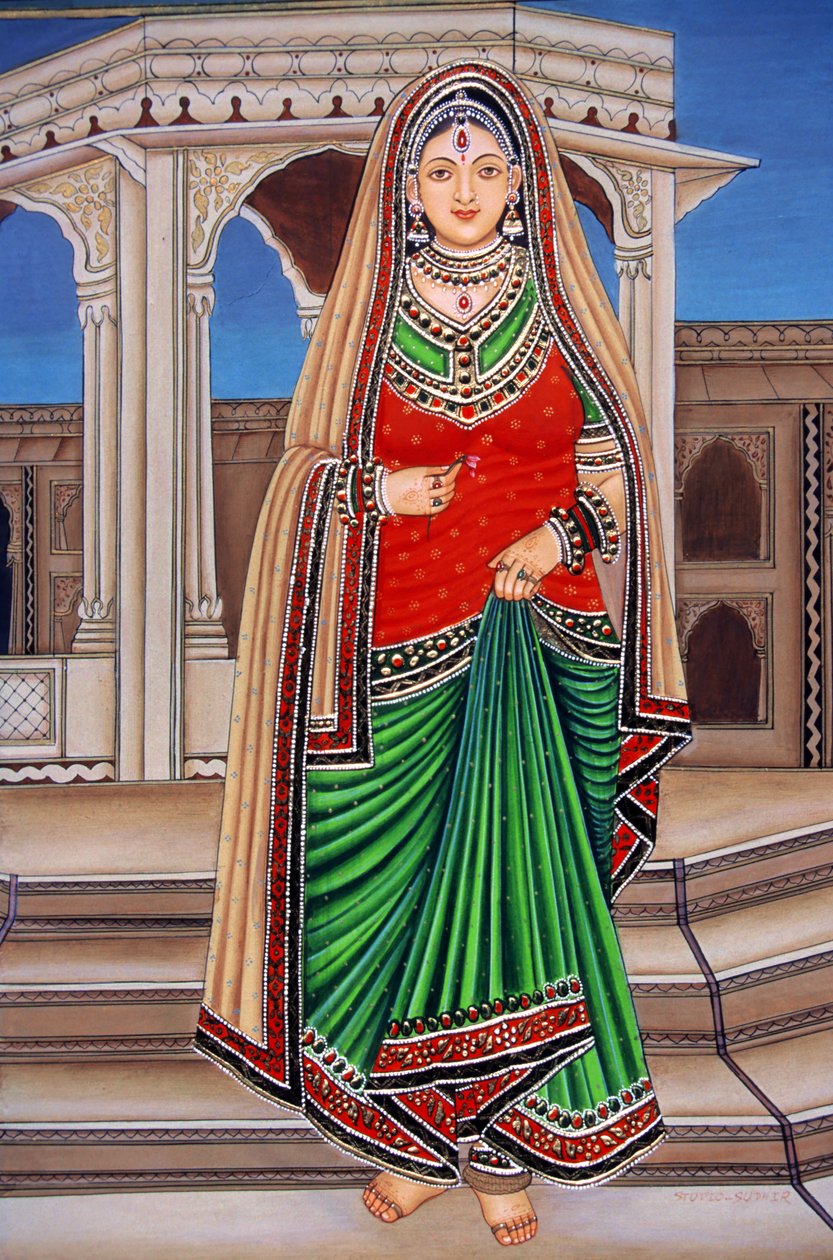 Rajasthani-dame på møte, miniatyrmaleri på papir av School Indian