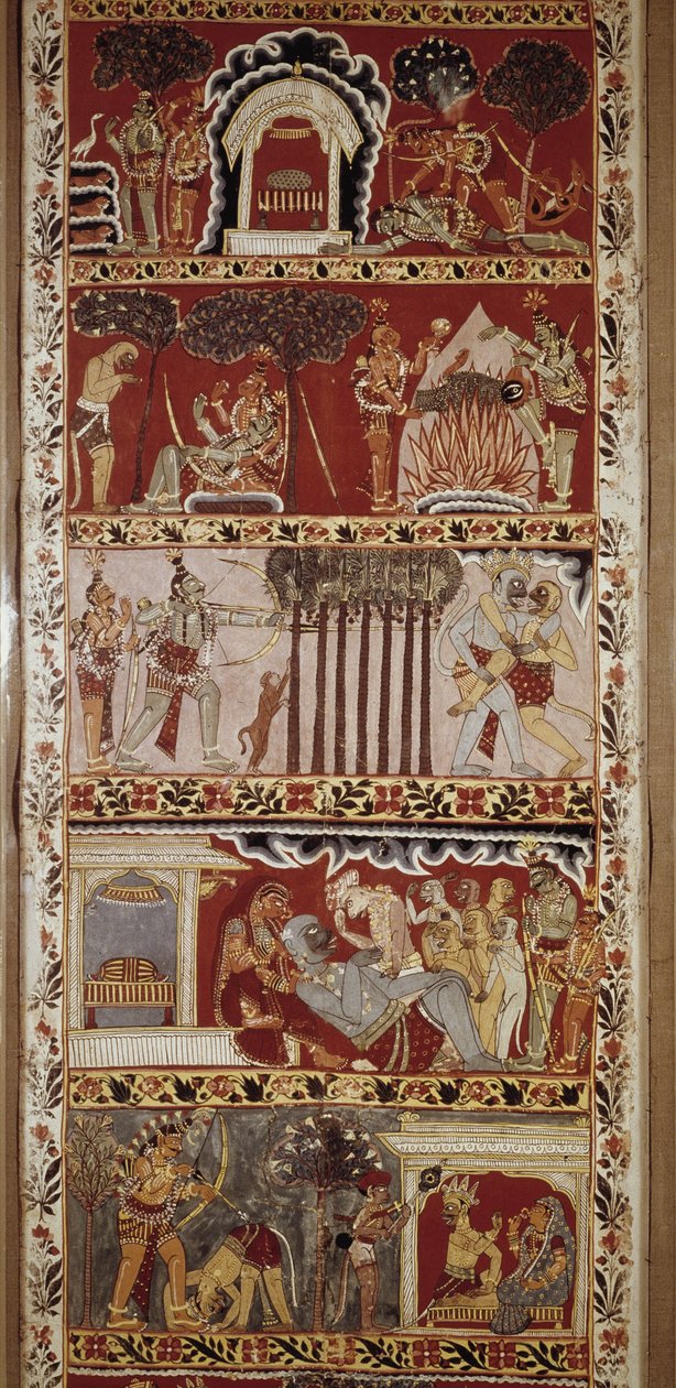 Scener av Ramayana, episk dikt komponert på 600-tallet av Valmiki og forteller legenden om Rama. Western Bengal.Victori & Albert Library. London av School Indian