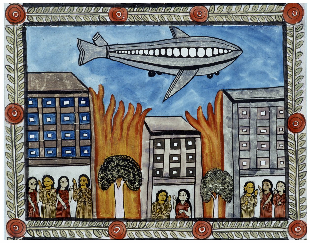 Historien om angrepene 11. september 2001 fortalt av kjøpmennene Baul fra Bengal. Maleri, serie, nummer 6/9, Bengal. av School Indian
