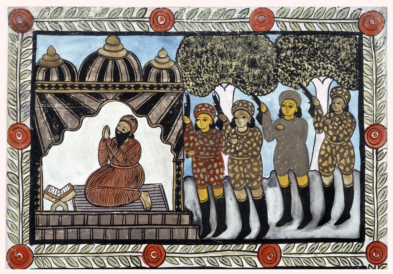 Historien om angrepene 11. september 2001 fortalt av kjøpmennene Baul fra Bengal. Maleri, serie, nummer 1/9, Bengal. av School Indian