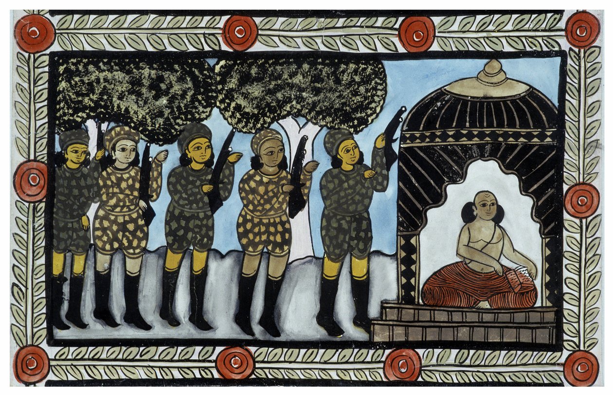 Historien om angrepene 11. september 2001 fortalt av kjøpmennene Baul fra Bengal. Maleri, serie, nummer 2/9, Bengal. av School Indian