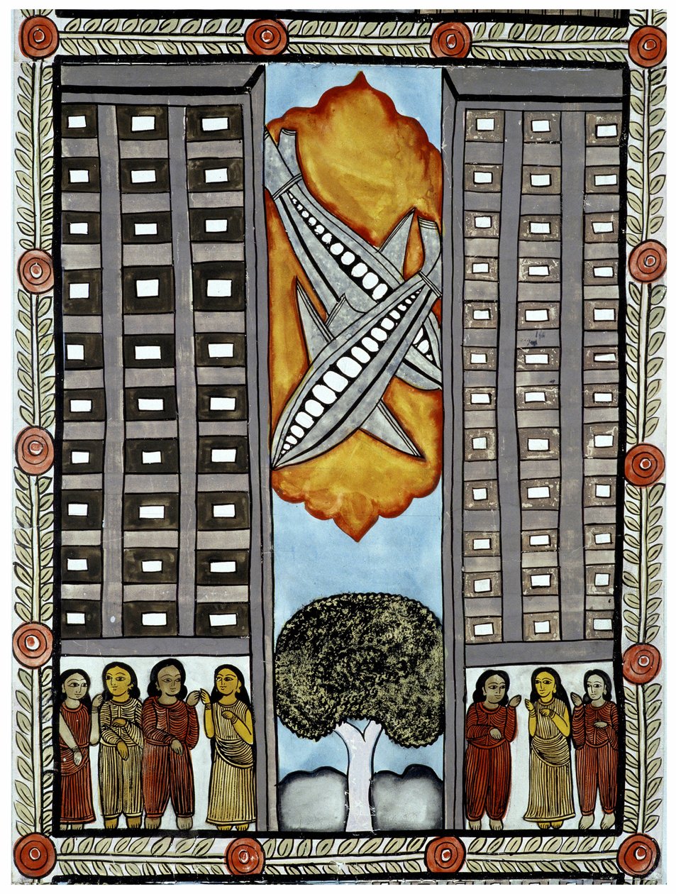 Historien om angrepene 11. september 2001 fortalt av kjøpmennene Baul fra Bengal, en illustrasjon av flyene som deltar i World Trade Center i New York. Maleri, serie, nummer 3/9, Bengal. av School Indian