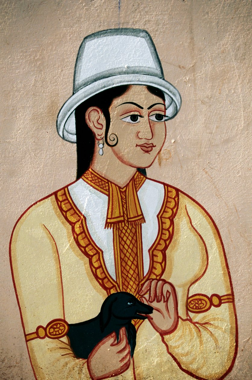 Veggmaleri av britisk dame med valp, Jaipur, Rajasthan, India av School Indian