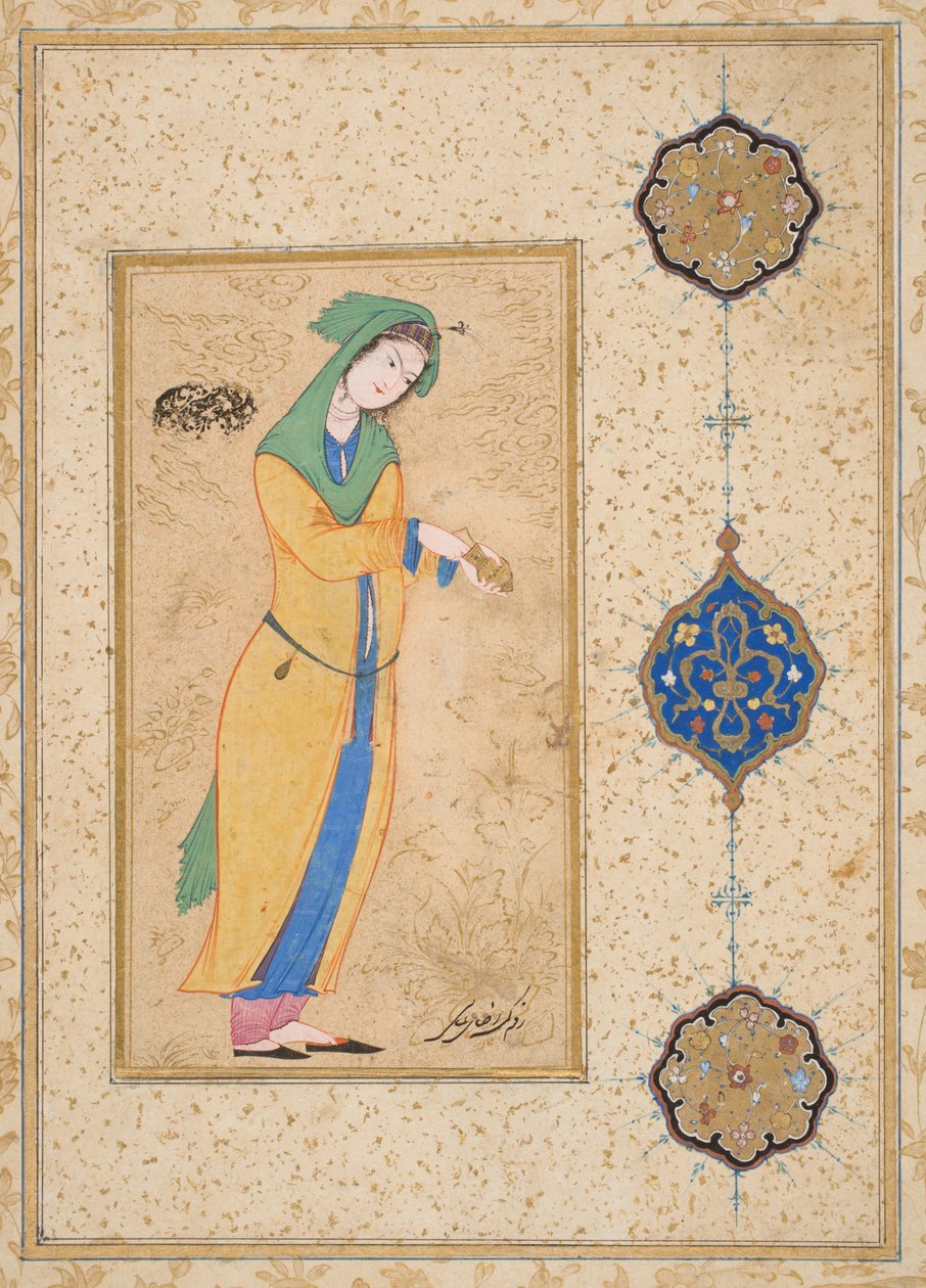 Houri står i en hage (ugjennomsiktig akvarell på papir) av School Iranian