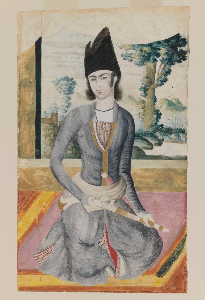 Sittende Qajar Prince (blyant og ugjennomsiktig akvarell på papir) av School Iranian