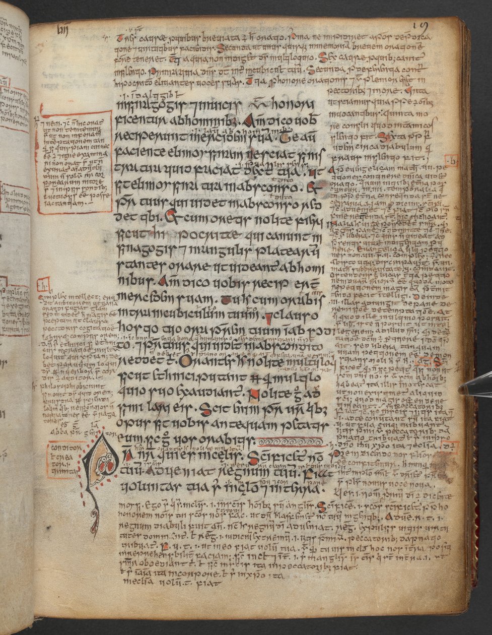 Harley 1802, f.19r, Dekorert initial 'P'(ater) med et dyrehode i begynnelsen av Pater Noster eller Fadervor, fra Gospels of Maelbrigte ('Armagh-evangeliene'; 'Marelbrid-evangelier'), med gloser av School Irish
