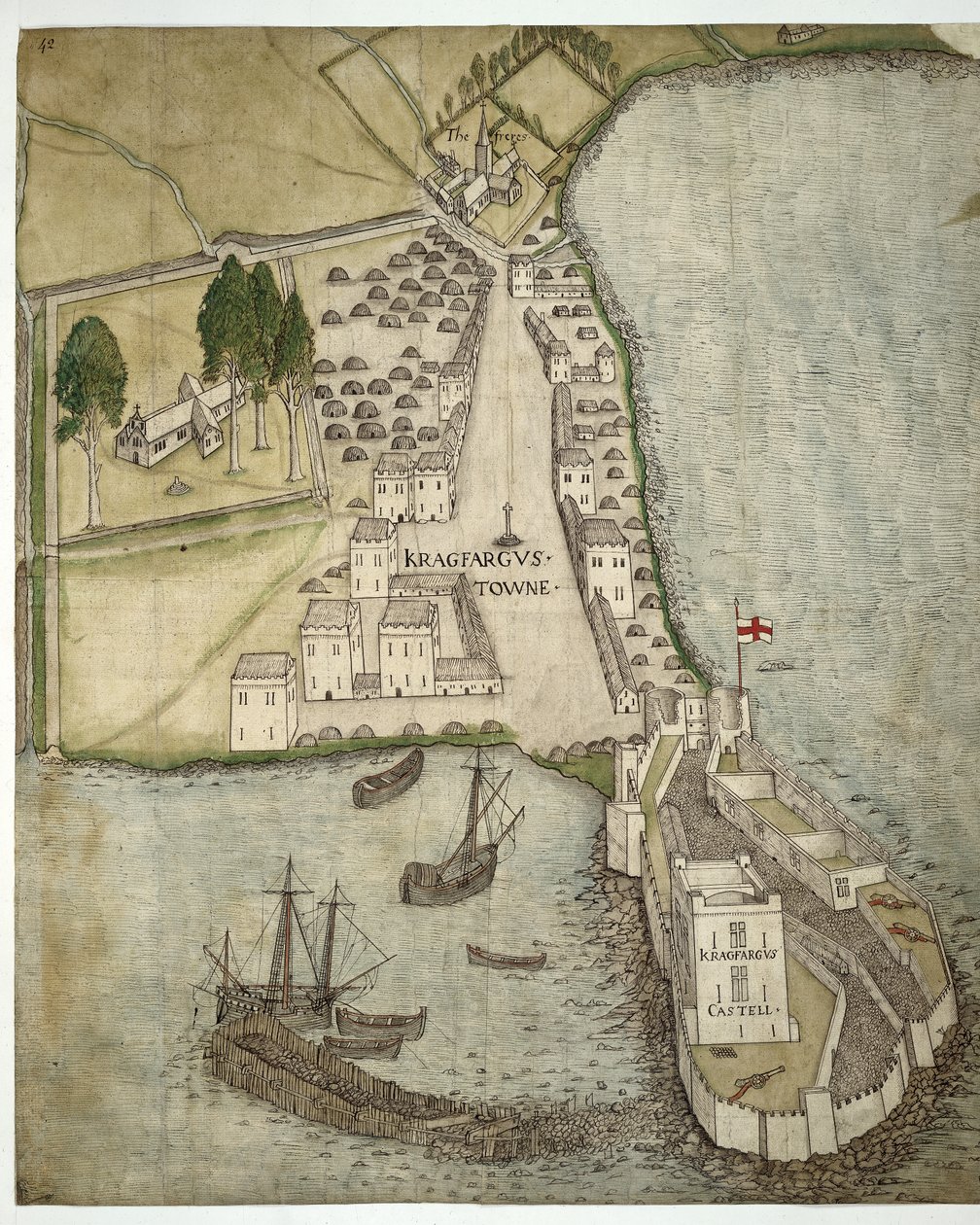 The Castle and Town of Carrickfergus, Irland, ca. 1560 (penn & blekk & akvarell på papir) av School Irish