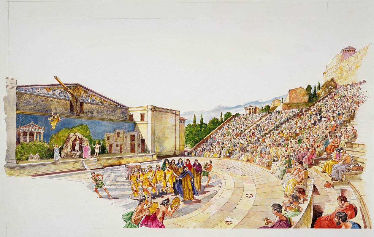 Antikkens Athen - rekonstruksjon av et teater (farge litho) av School Italian