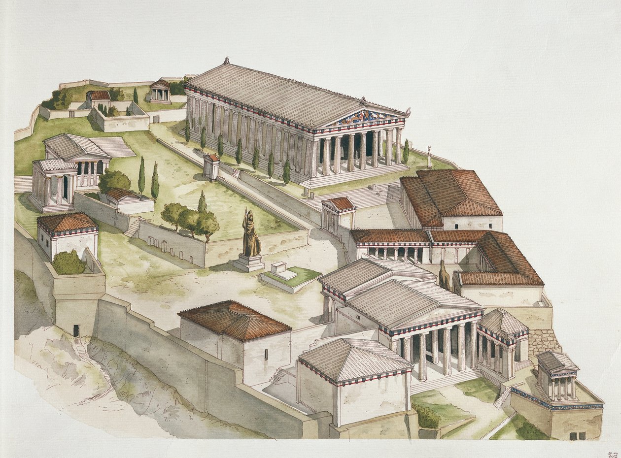 Antikkens Athen - rekonstruksjon av Akropolis, 500-tallet f.Kr. (farge litho) av School Italian