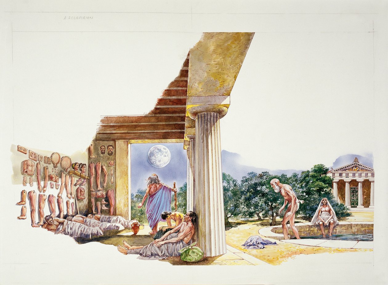 Antikkens Athen - rekonstruksjon av Asklepieion (farge litho) av School Italian