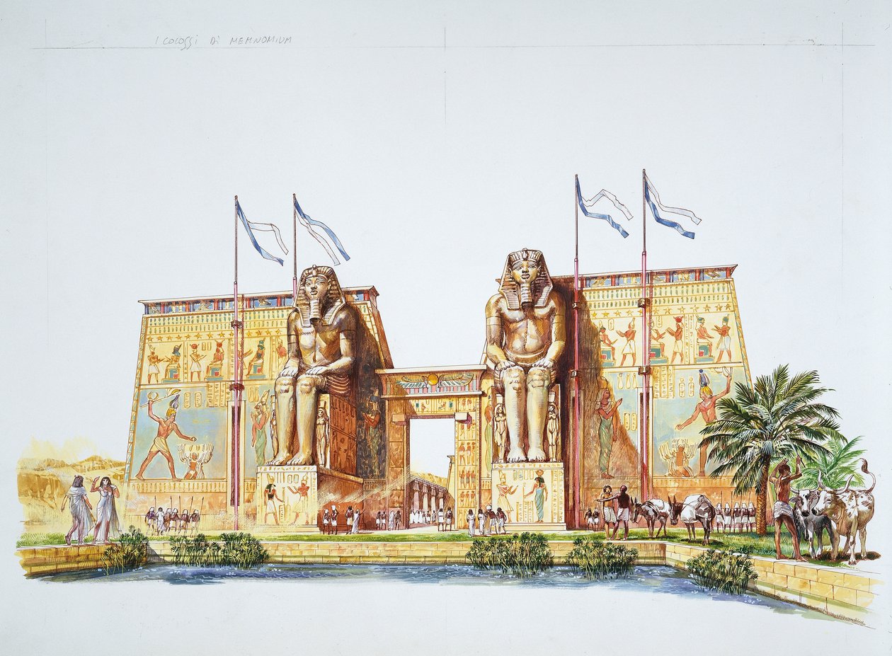 Gamle Theben - gjenoppbygging av statuene av Amemhotep III, kjent som Memnon-kolossene, på tiden til Ramses II (farge litho) av School Italian