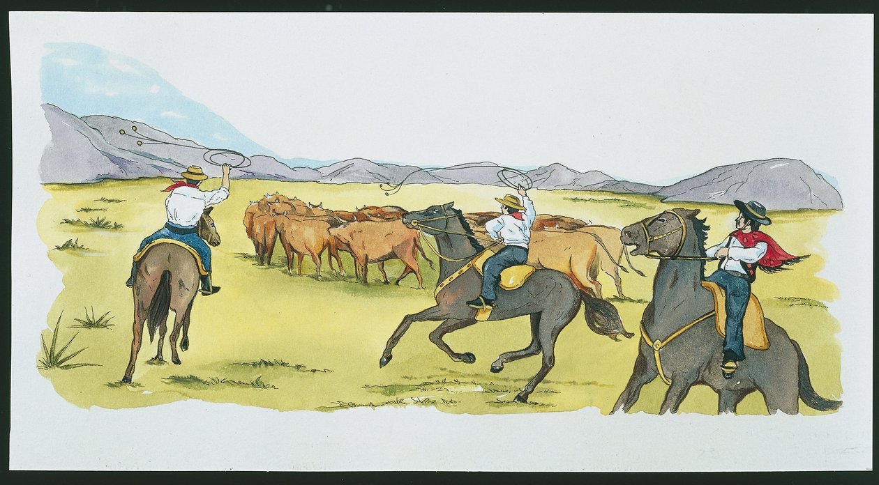 Argentina - gauchos samler storfe i Pampas (farge litho) av School Italian