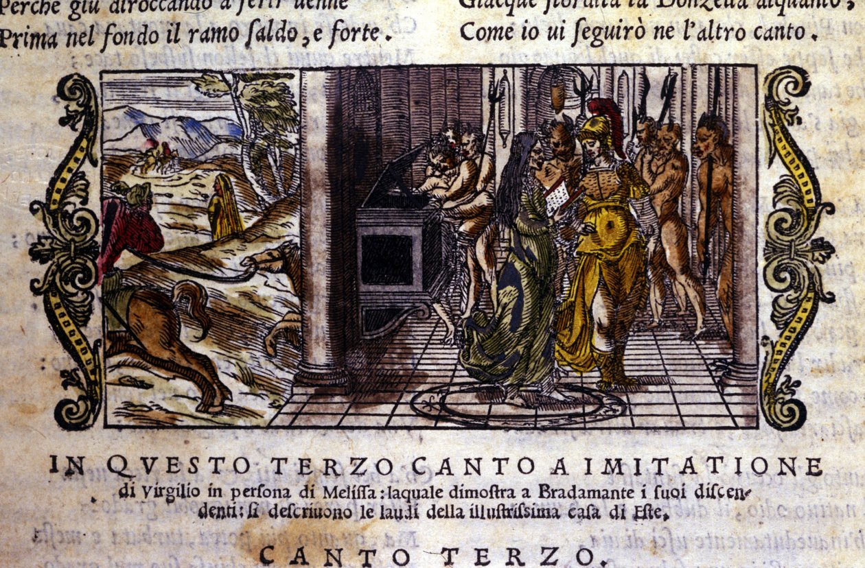 Bradamante møter magikeren Melisse som forteller henne at hun og Roger (Ruggero, Ruggiero) grunnla Este-dynastiet, scene hentet fra det ridderlige diktet til "Orlando Furioso" (Den rasende Roland) av Ludovico Ariosto (1474 - 1533) dit L