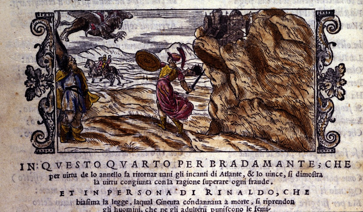 Bradamante river Brunel i stykker den fortryllende ringen sin, takket være at hun forringer kraften til Atlante og leverer Roger (Ruggero, Ruggiero), scene for ridderdiktet til "Orlando Furioso" (The Furious Roland) av Ludovico Ariosto (1474 - 1533) dit L  av School Italian