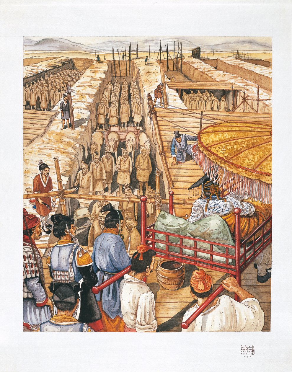 Bygging av mausoleet til keiser Qin Shi Huang-Ti, 3. århundre f.Kr. (farge litho) av School Italian