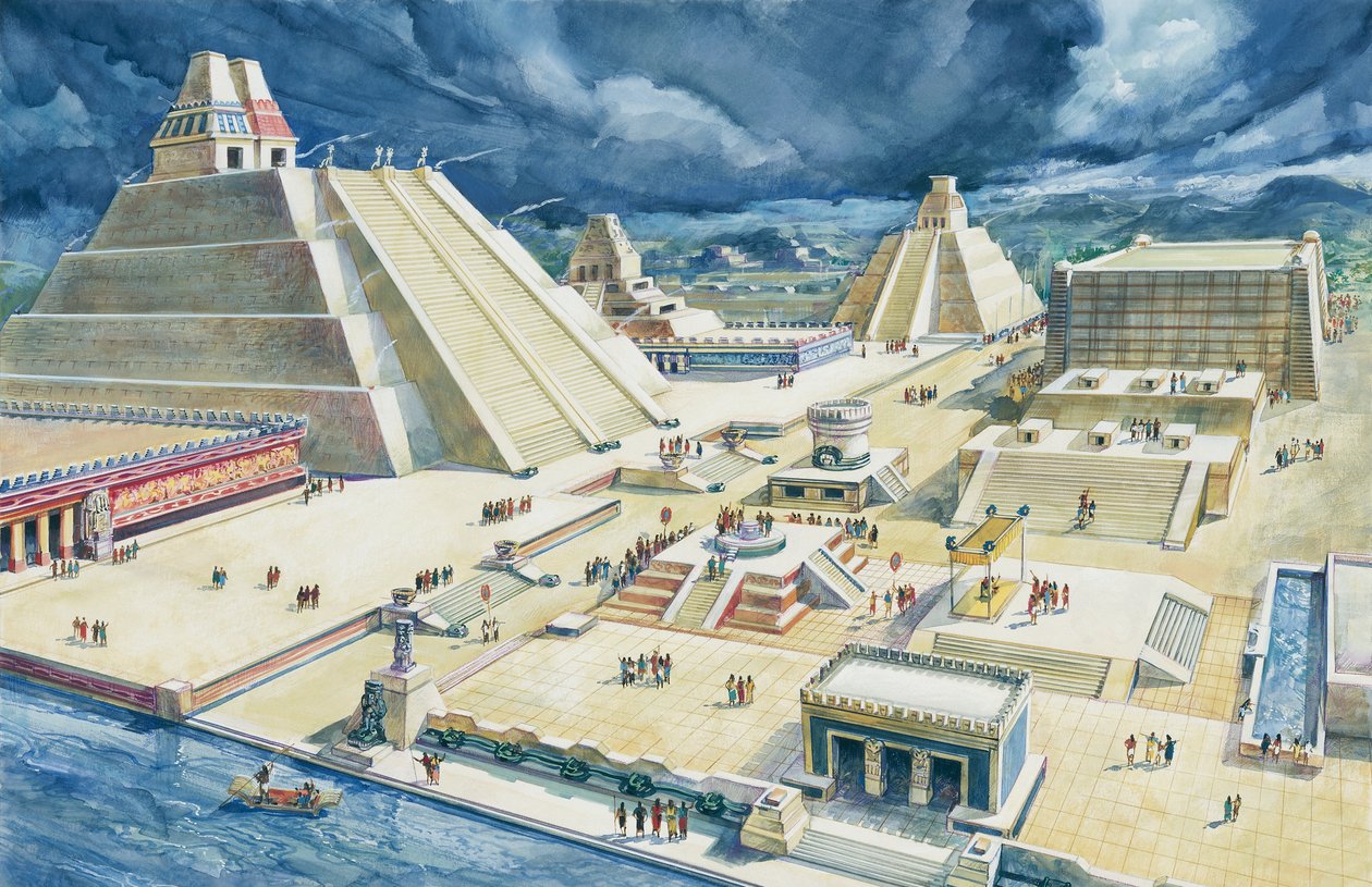 Skyer over pyramider, Templo Mayor, Tenochtitlan, Mexico City, Mexico (farge litho) av School Italian