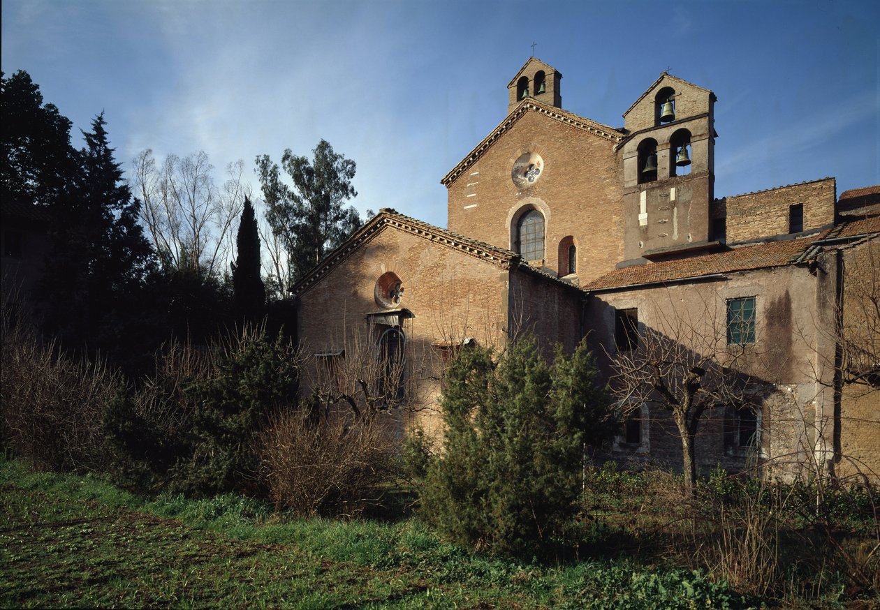 Utvendig utsikt over kirken Saint Vincent og Saint Anasthasius, klosteret til de tre fontenene (Tre-Fontane) (Chiesa dei Santi Vincenzo e Anastasio alle Tre Fontane) (utvendig utsikt over kirken Saint Vincenzo e Anastasio, abbazia delle Tre Fontane) 625 -1 av School Italian