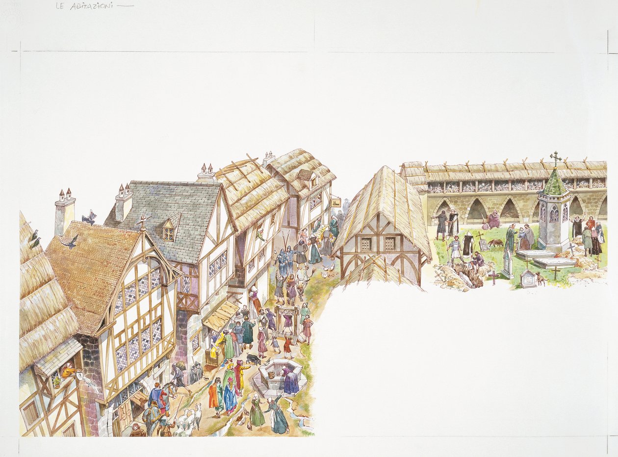 Frankrike, middelalder - rekonstruksjon av hverdagslivet i en landsby (farge litho) av School Italian