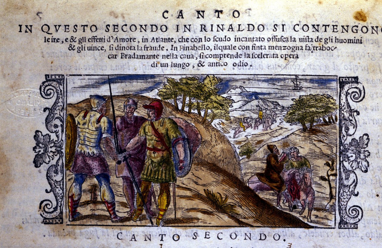 Til høyre møter Angelique (Angelica) en eremitt som vil stoppe kampen mellom Renaud (Rinaldo) og Sacripant (Sacripante) om hesten Bayard - Scene hentet fra ridderdiktet "Orlando Furioso" (Le Roland Furieux) av Ludovico Ariosto ( 1474-1533) av School Italian