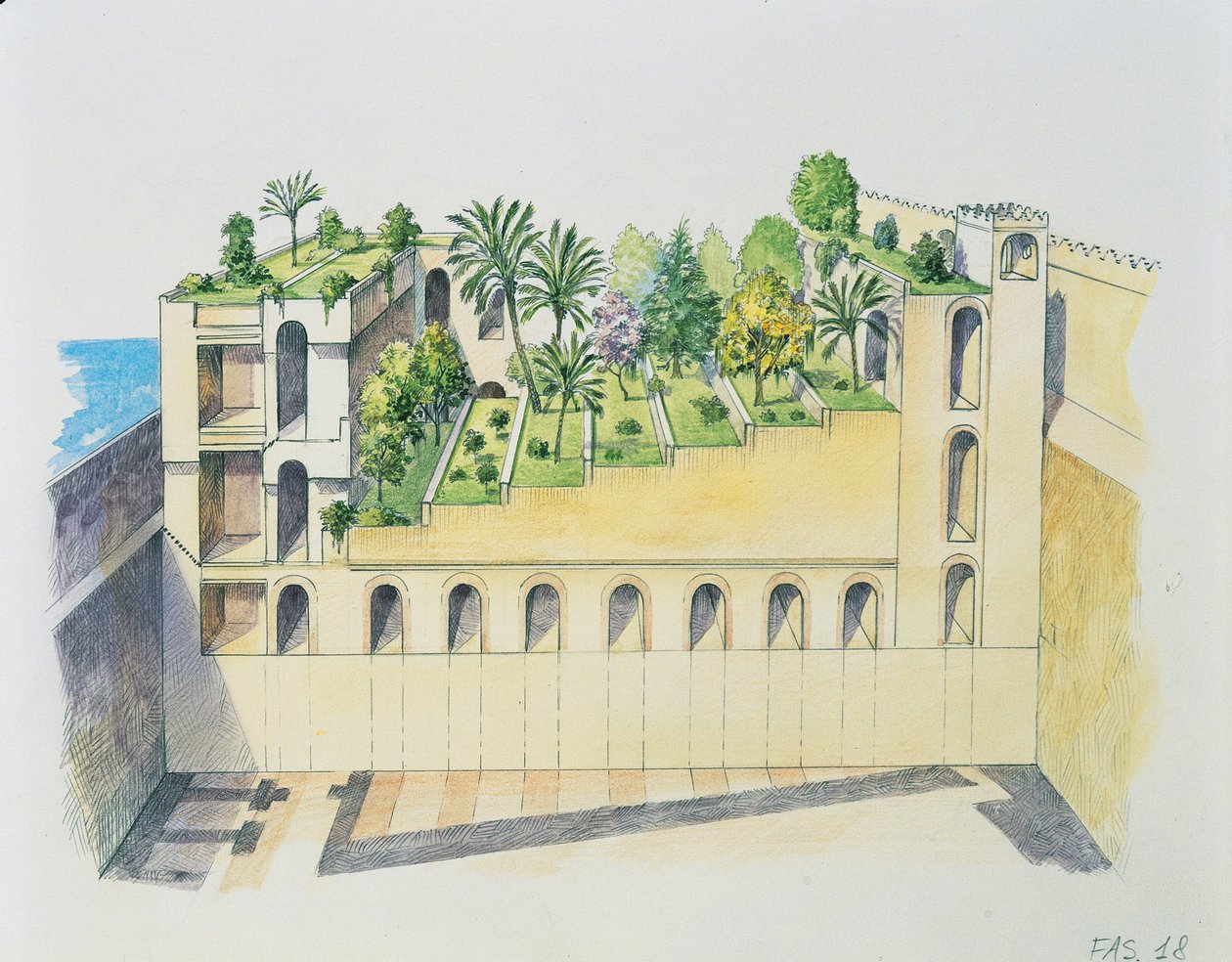 Palace of Nebuchadnezzar, Babylon, med hengende hager (farge litho) av School Italian