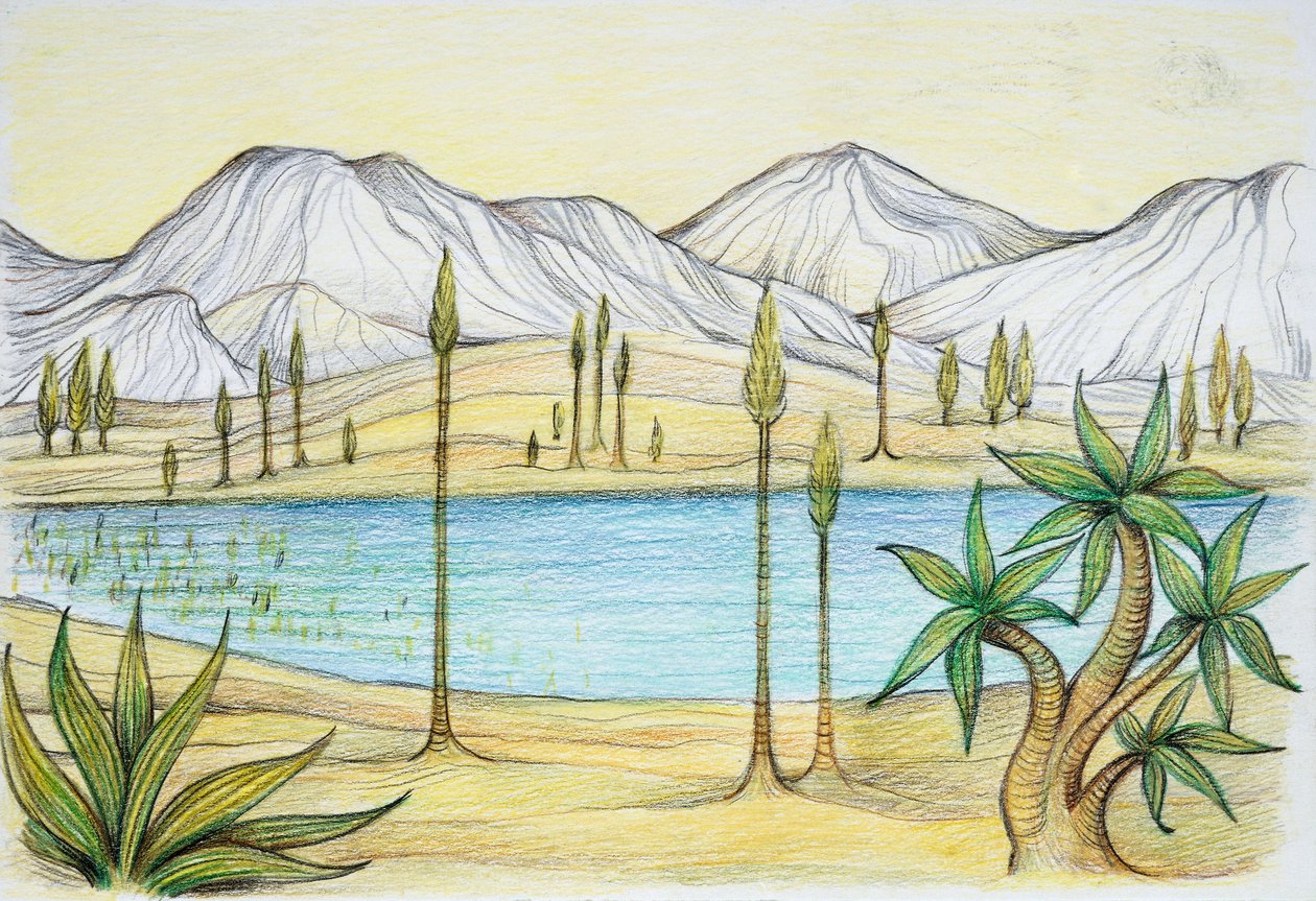Forhistorie - Trias - rekonstruksjon av naturmiljø (farge litho) av School Italian