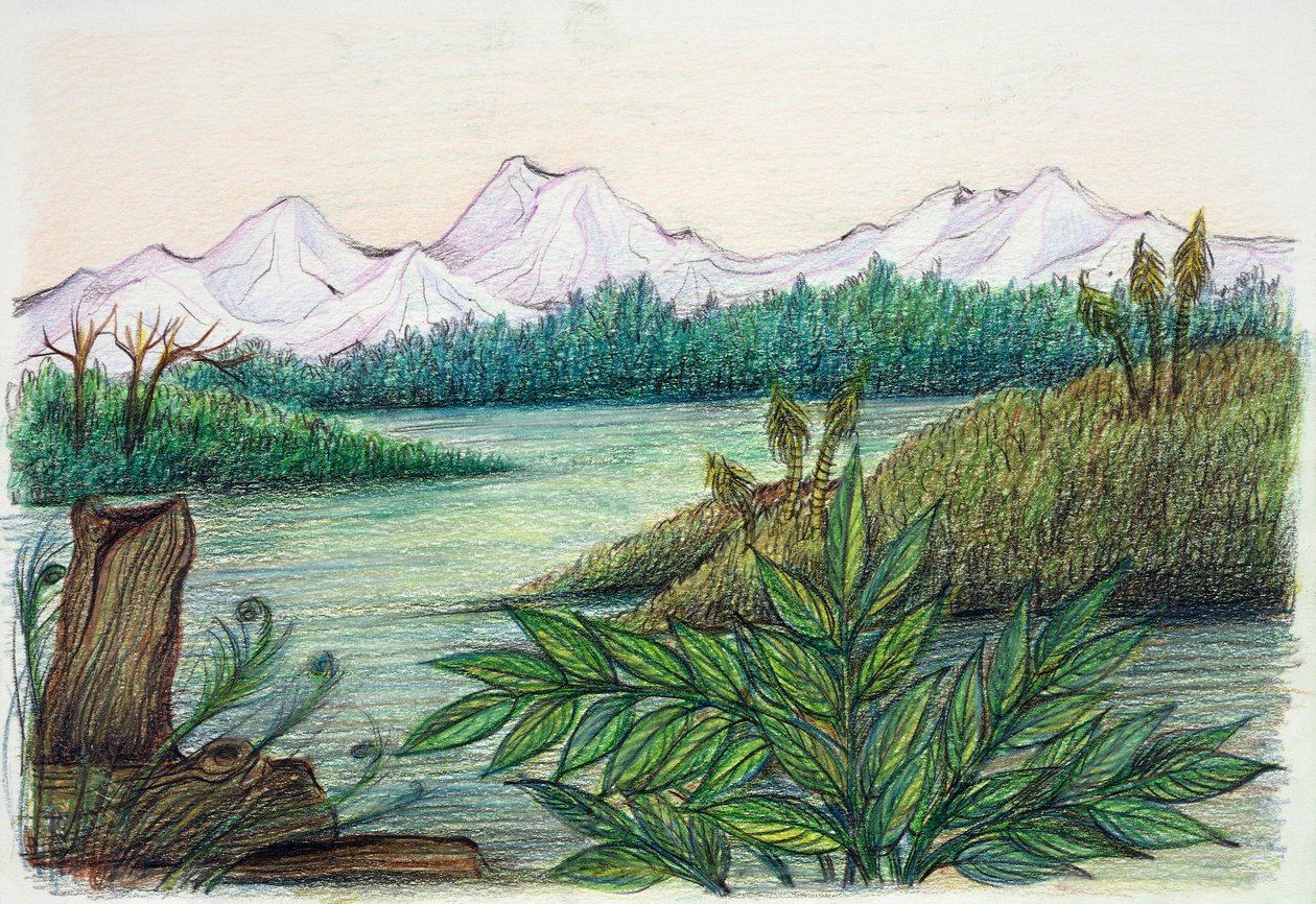 Forhistorisk - gjenoppbygging av naturmiljø (farge litho) av School Italian