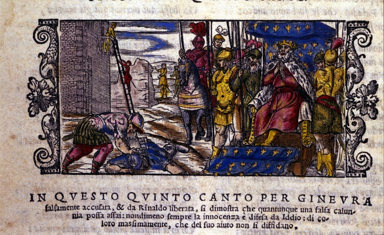 Prinsesse Ginevra er uskyldig og kampen mellom baktalelsen og den ukjente ridderen som kom for å forsvare Ginevra blir avbrutt. scene av ridderdiktet til "Orlando Furioso" (Den rasende Roland) av Ludovico Ariosto (1474 - 1533) kalt L'Arioste. av School Italian
