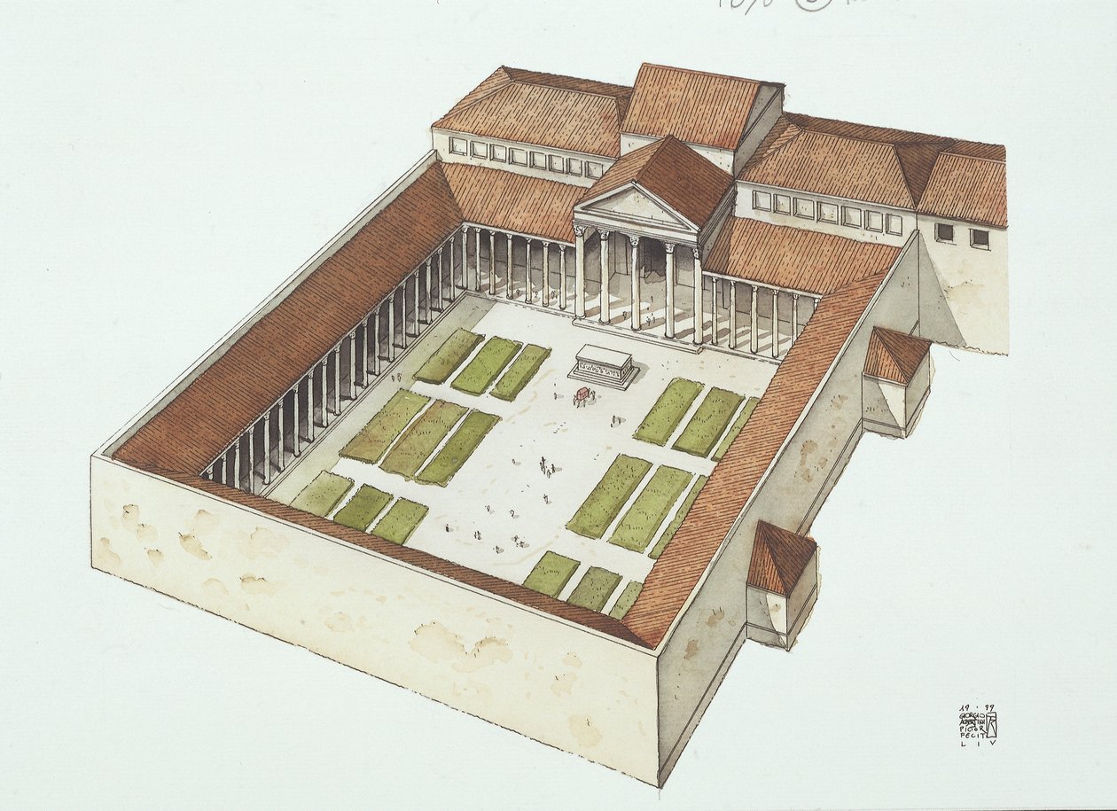 Rekonstruert forum bygget av Titus Flavius Vespasianus (farge litho) av School Italian