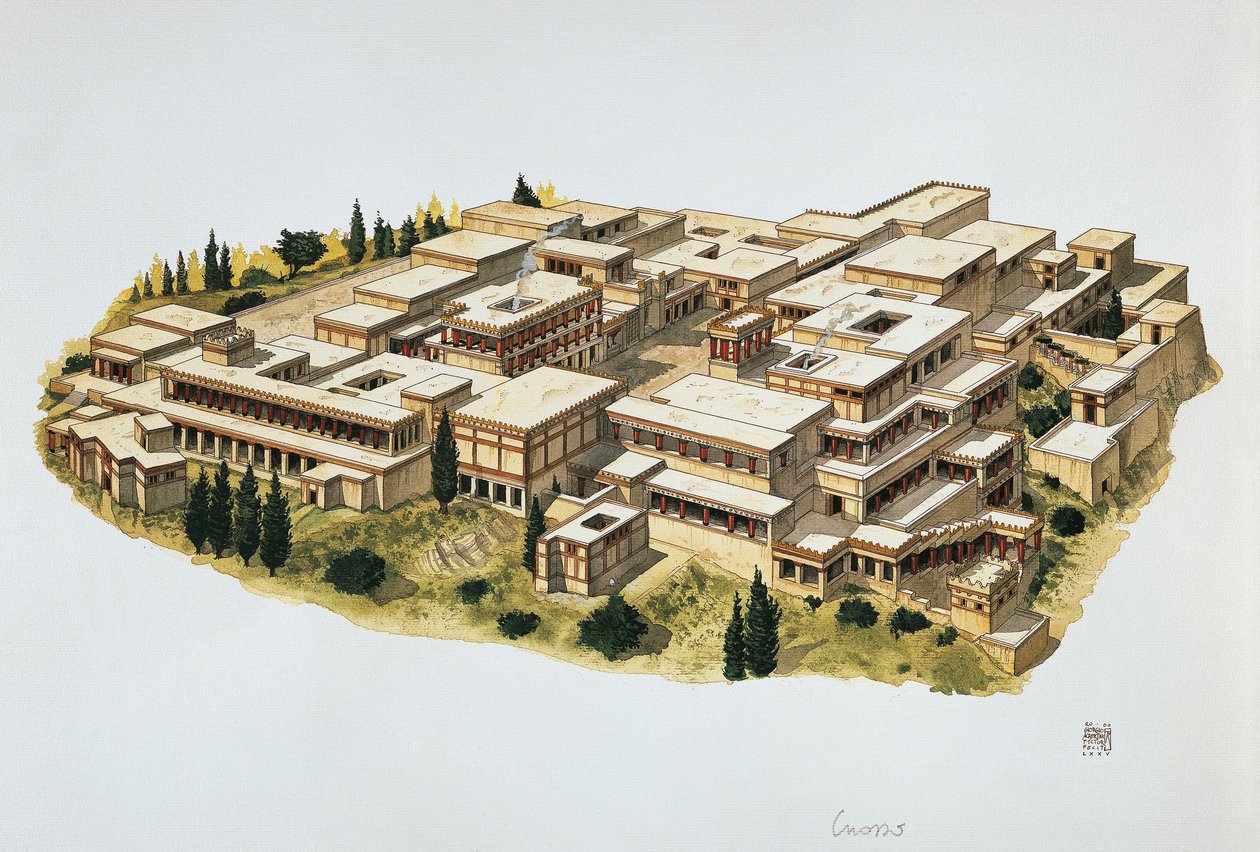 Rekonstruksjon av Knossos-palasset, Kreta, 1900-tallet f.Kr. (farge litho) av School Italian