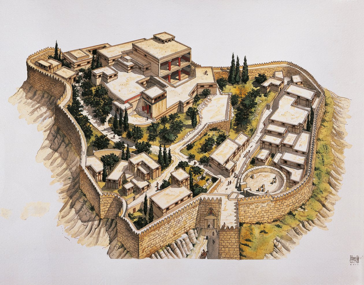 Rekonstruksjon av det gamle Mykene (farge litho) av School Italian