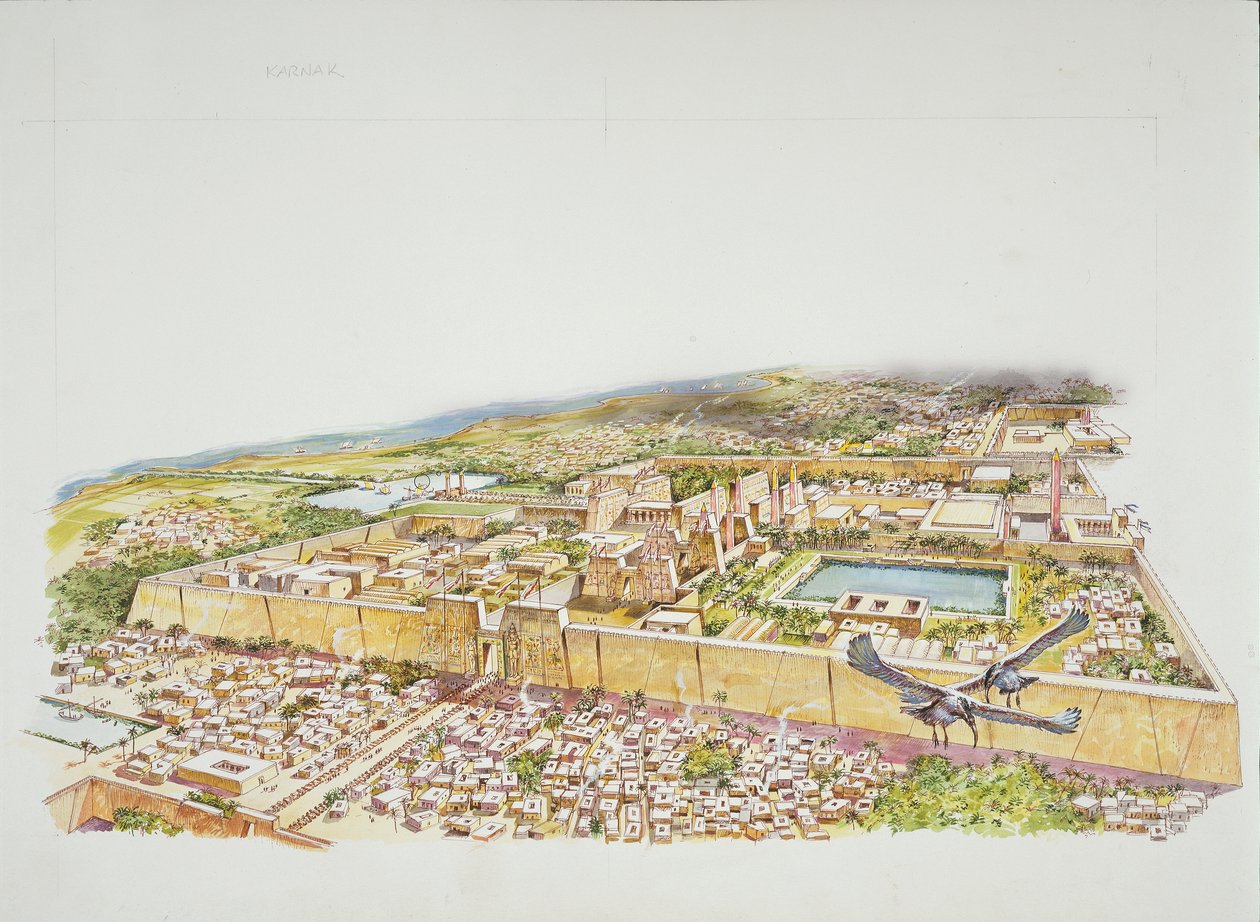 Rekonstruksjon av Amon-tempelet i Karnak i løpet av Ramses II-tiden (farge litho) av School Italian
