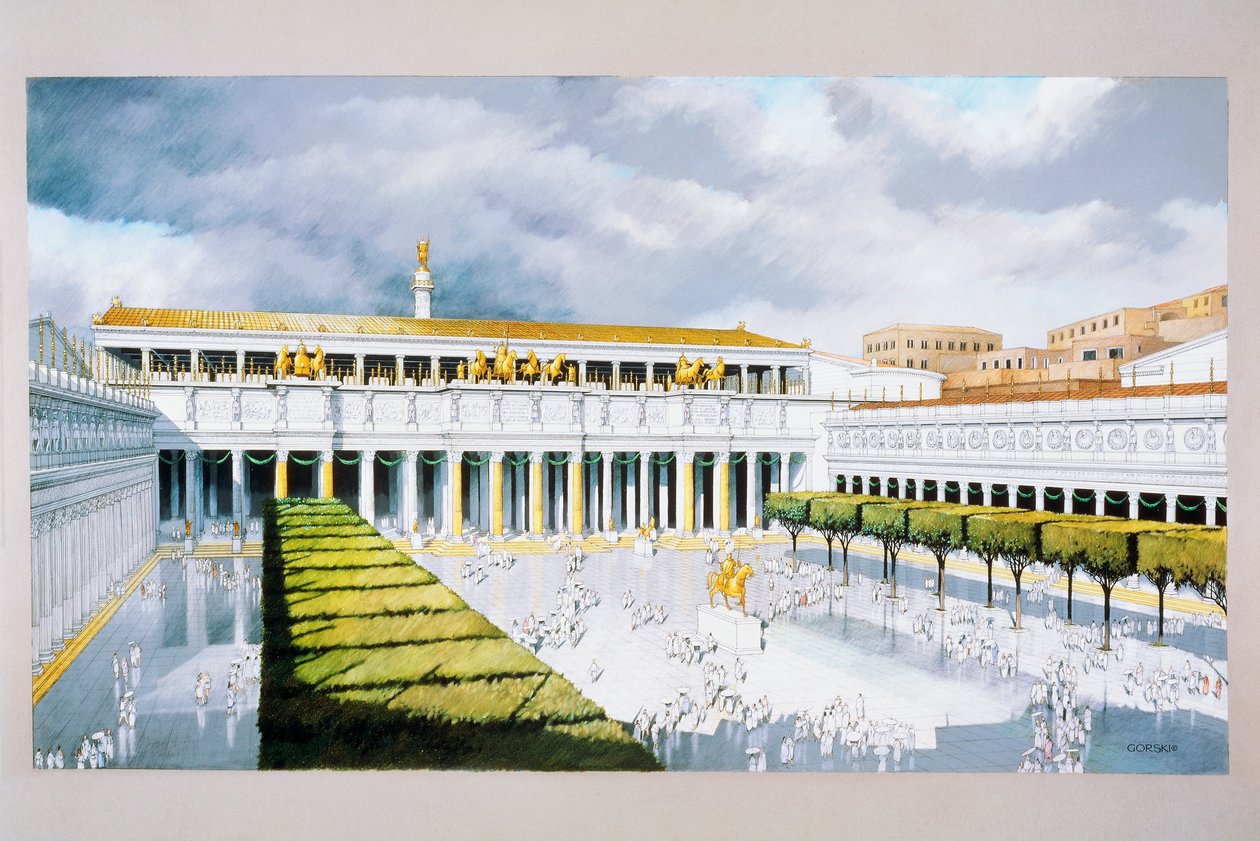 Rekonstruksjon av piazzaen til Trajans Forum, Roma (farge litho) av School Italian