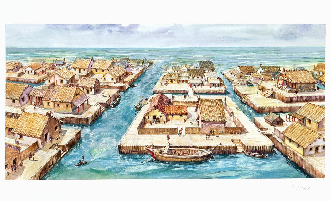 Rekonstruksjon av havnen i Spina (farge litho) av School Italian
