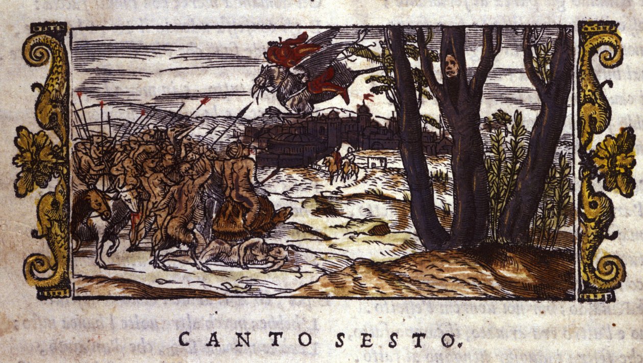 Ruggiero blir båret av hippogriffen til øya Alcina hvor han blir angrepet av en hær av monstre, scene fra "Orlando Furioso" av Ludovico Ariosto (1474-1533) av School Italian