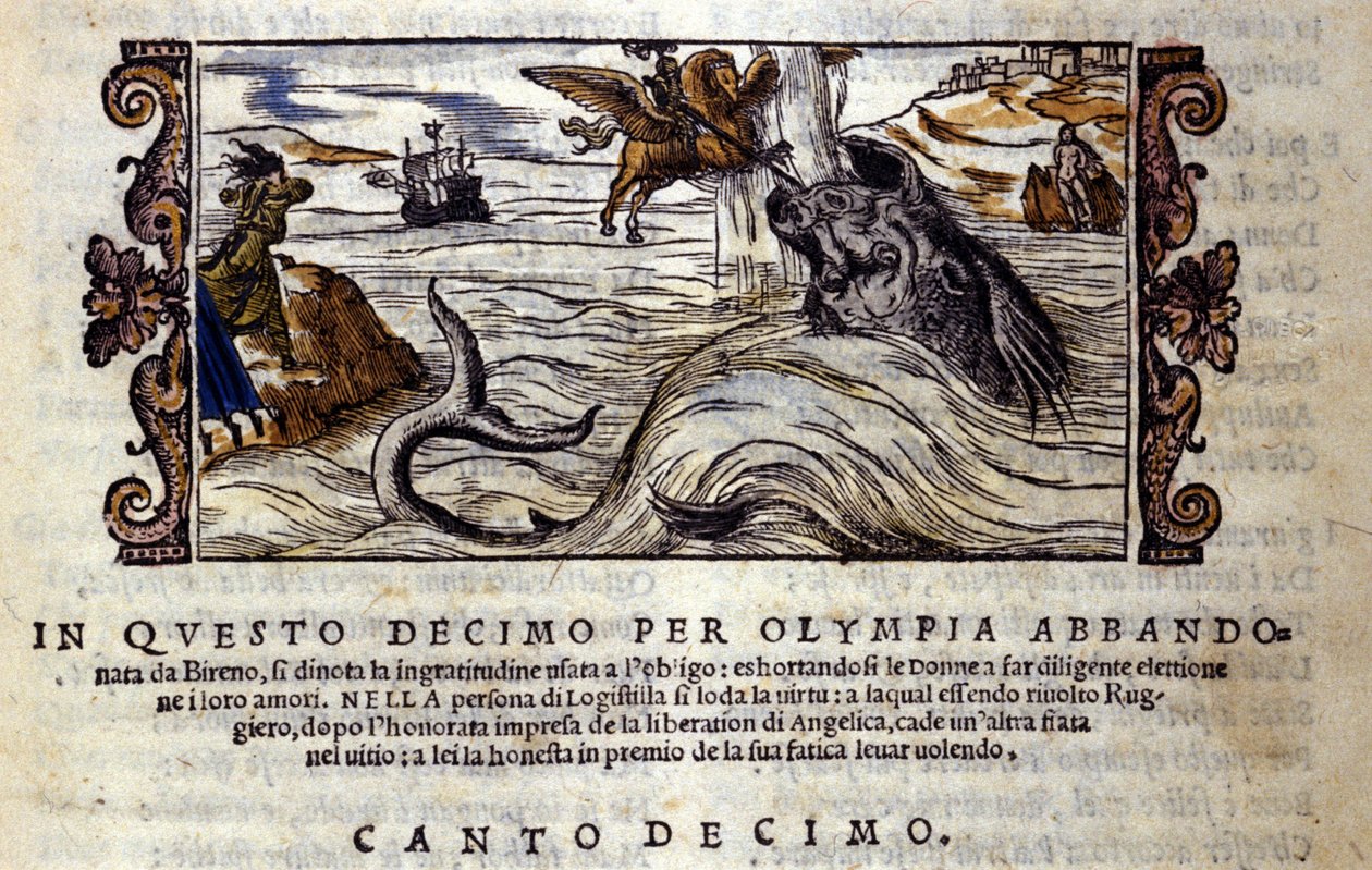 Scene av det ridderlige diktet "Orlando Furioso" (The Furious Roland) av Ludovico Ariosto (1474 - 1533) X L