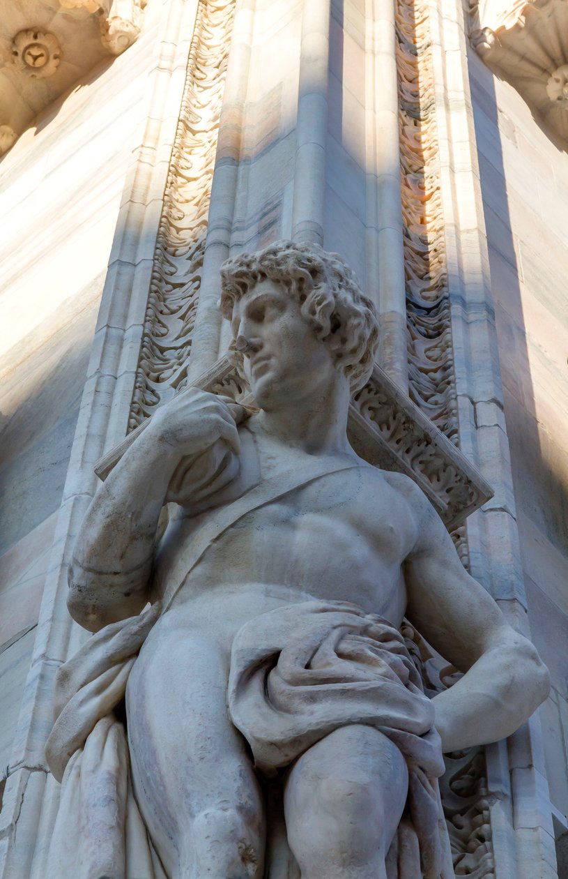 Telamon av Milano katedral fasade, Lombardia, Italia, Detalj av School Italian